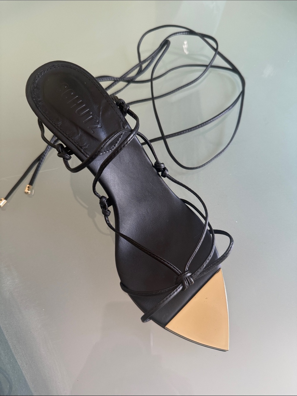 Schultz Black Leather Lace-Up Pointed Toe Sandals w/ Gold Cap Size 6.5 Designer - Picture 10 of 10